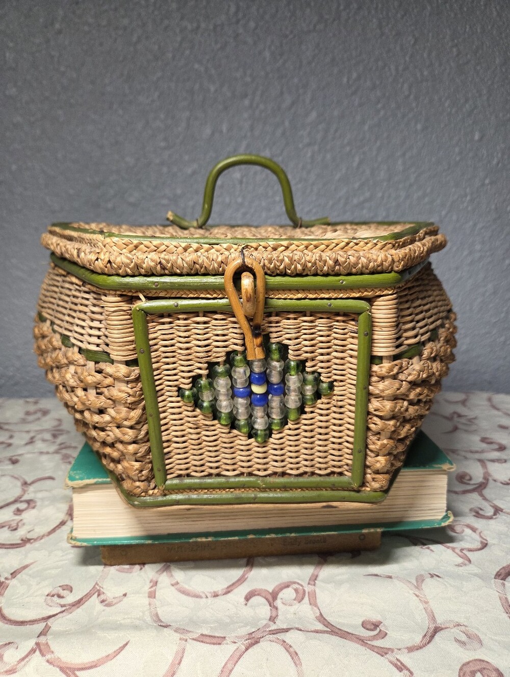 Vintage German Wicker Sewing Basket Silk Lined. Hinged Lid with Handle Hexagon